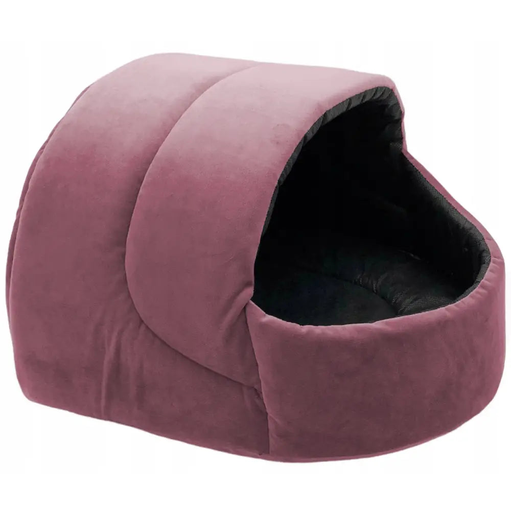 Seng Hytte Rondeformet for Katt R i dus rosa, lukket design med svart innside og myk, innbydende polstring.