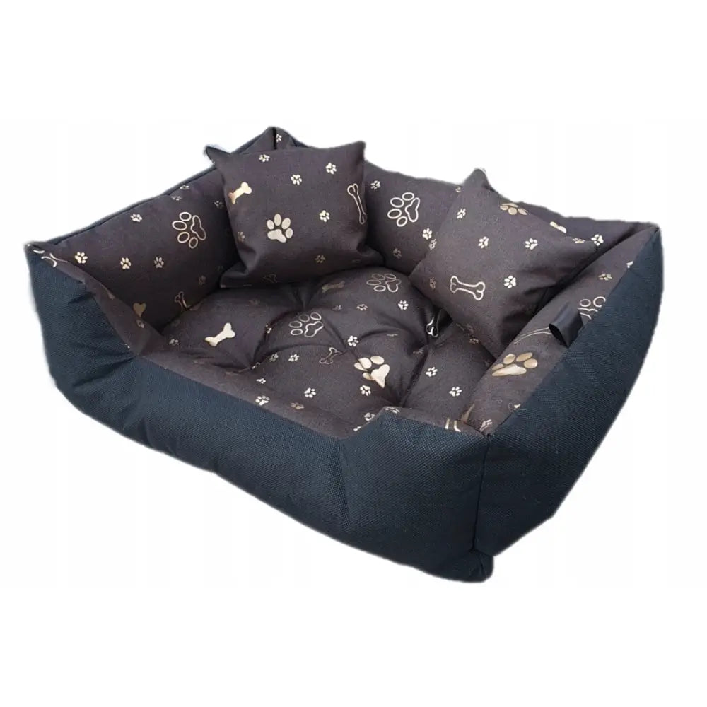 Sengeplass Liggeunderlag Hundegård Seng for Hund 75x65 Premium, skrått sett med pote- og benmønster samt tilhørende puter.