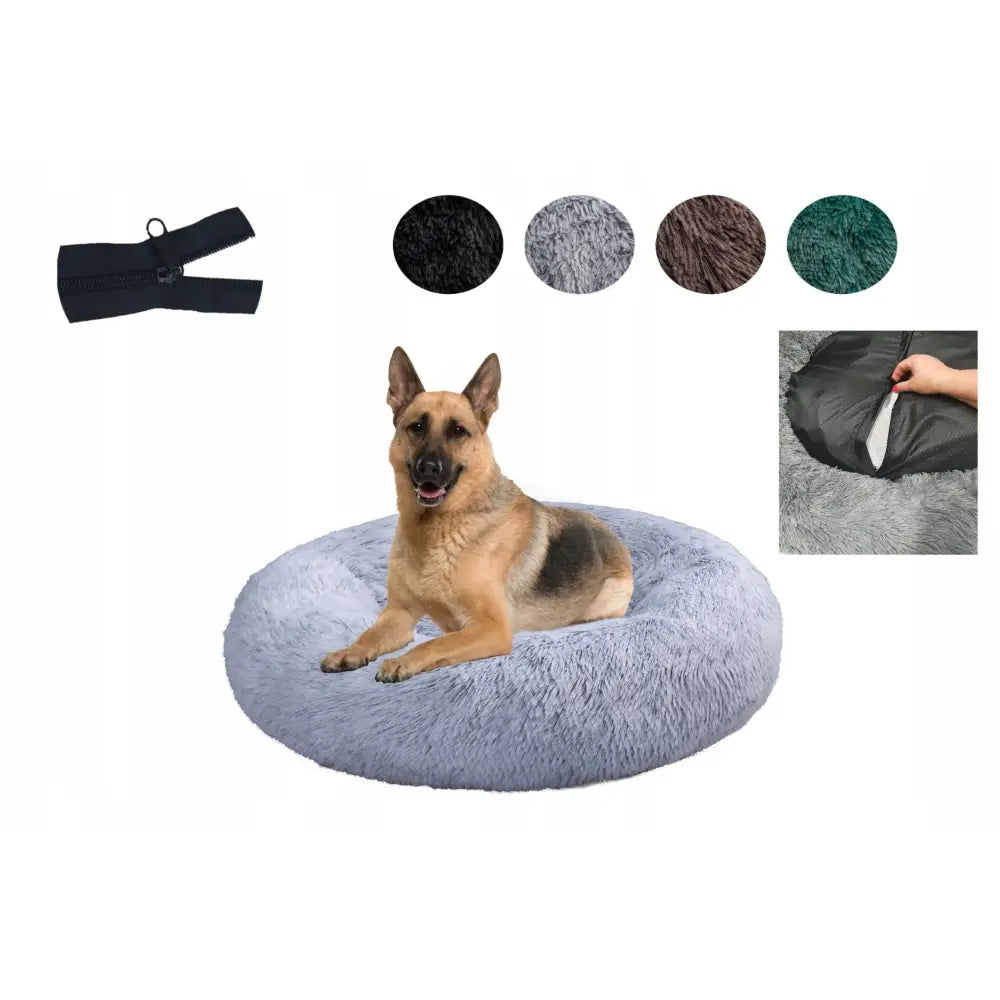 Sengeplass Skybed Shaggy 100, stor lysegrå plysjseng med glidelås, avtagbart trekk og hvilende hund, flere fargevalg vises.