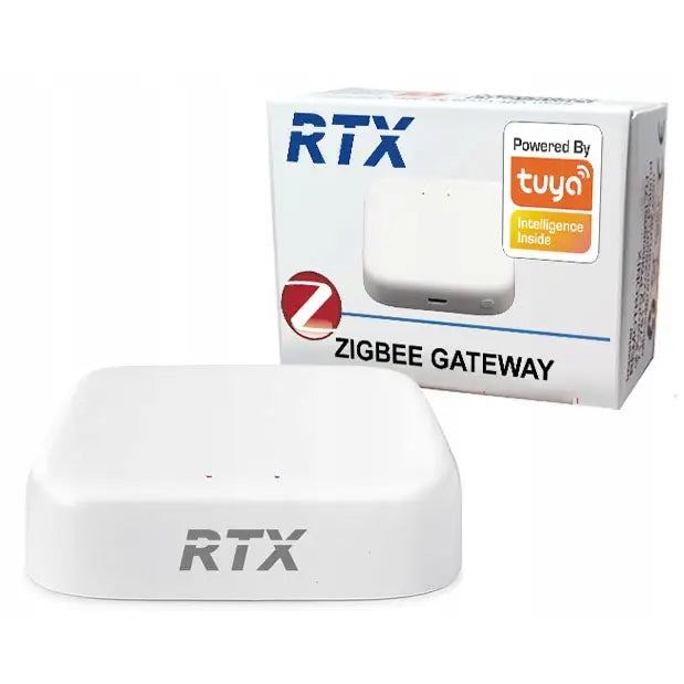 Sentralkontroll Gateway Zigbee WiFi, hvit boks med RTX-logo, skrå vinkel og eske i bakgrunnen.