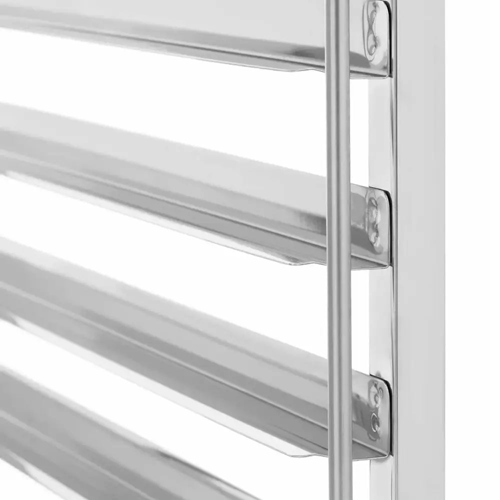 Server kapasitetstralle for 7 brett, sidevisning av blanke metallribber og sveisede skjøter i nærbilde.