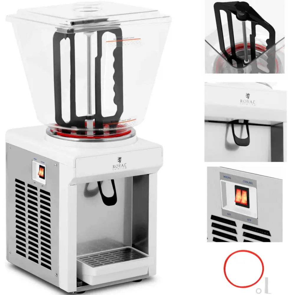 Serveringsautomat for kjøling av juice, front- og sidevisning med synlig transparent beholder og sort visp.