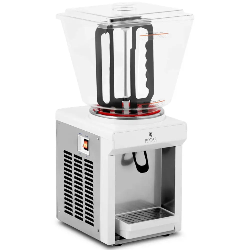 Serveringsautomat for juice og drikke, sidevisning med stor gjennomsiktig beholder, røreverk og bryter synlig.