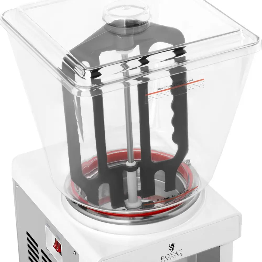 Serveringsautomat for drikke, 25 l, med sort vispearm og rødt pakningsbånd i gjennomsiktig beholder.