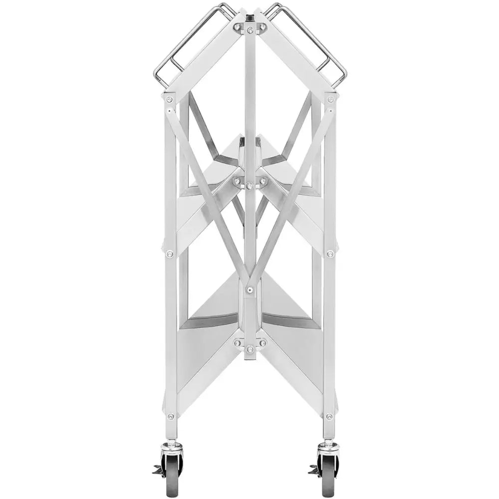 Sammenleggbar serveringsvogn i rustfritt stål, frontvisning sammenslått med hjul og håndtak synlig.