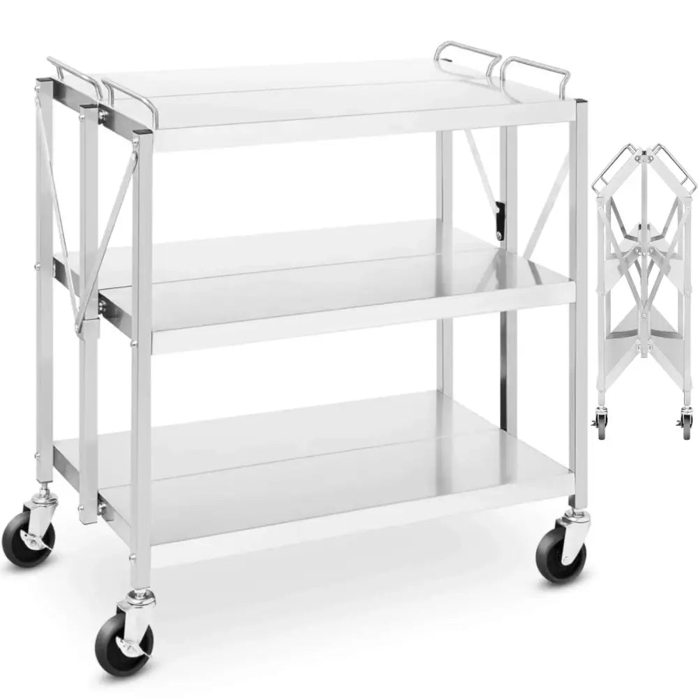Serveringsvogn av Rustfritt Stål Sammenleggbar 3 Hyller 83 x 50cm 90kg Kapasitet