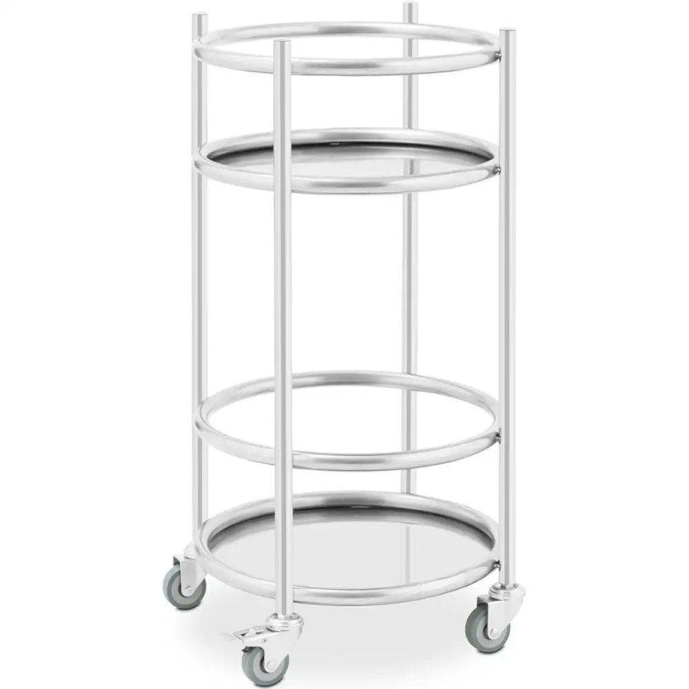 Serveringsvogn for drinker, rund modell med tre metallhyller, sidevisning som viser hjul og brems.