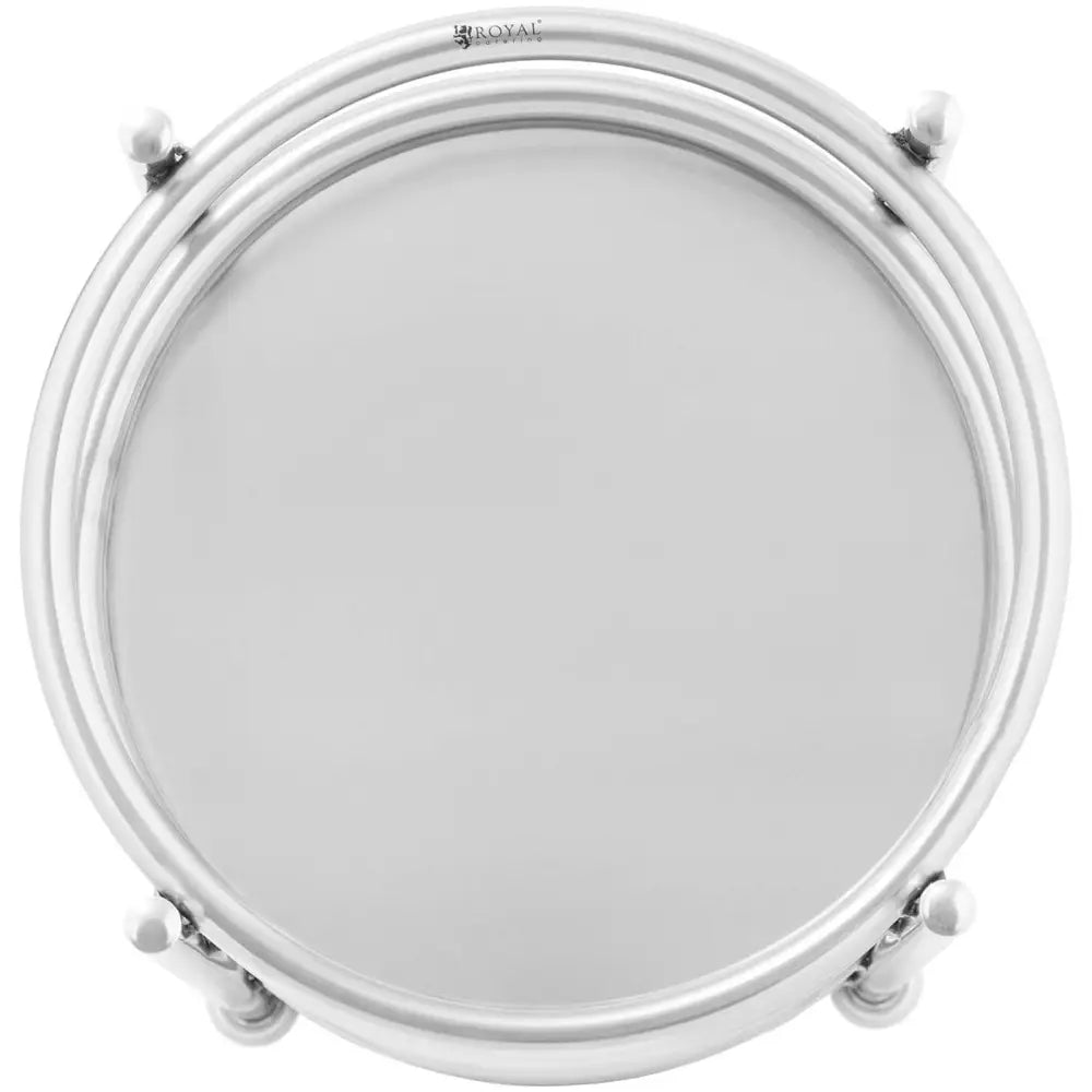 Serveringsvogn for drinker, rund modell i blankt sølvmetall med to hyller, sett ovenfra med markerte kanter.