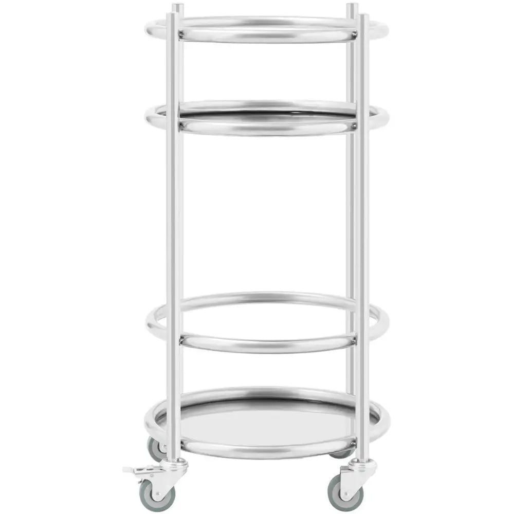 Serveringsvogn for drinker i sølvfarget metall, tre hyller og fire hjul, frontvisning med bremser synlig.