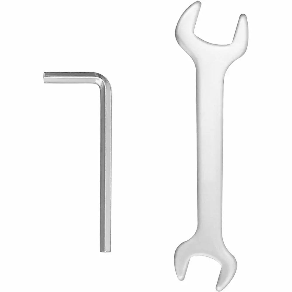 Unbrakonøkkel og fastnøkkel i metall, sett ovenfra med enkel finish, tilbehør for serveringsvogn.