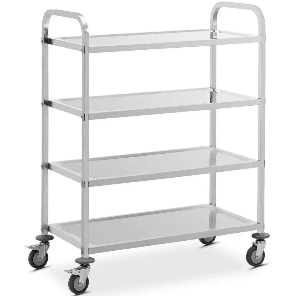 Serveringsvogn i rustfritt stål med fire hyller, sett skrått forfra med hjul og avrundede håndtak.
