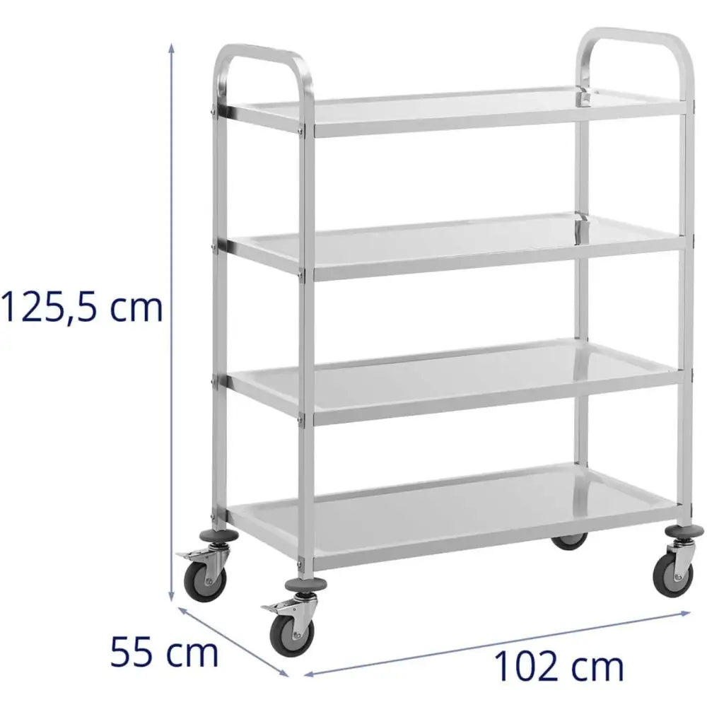 Serveringsvogn i rustfritt stål, fire sølvfargede hyller og hjul, sideperspektiv med synlige mål.
