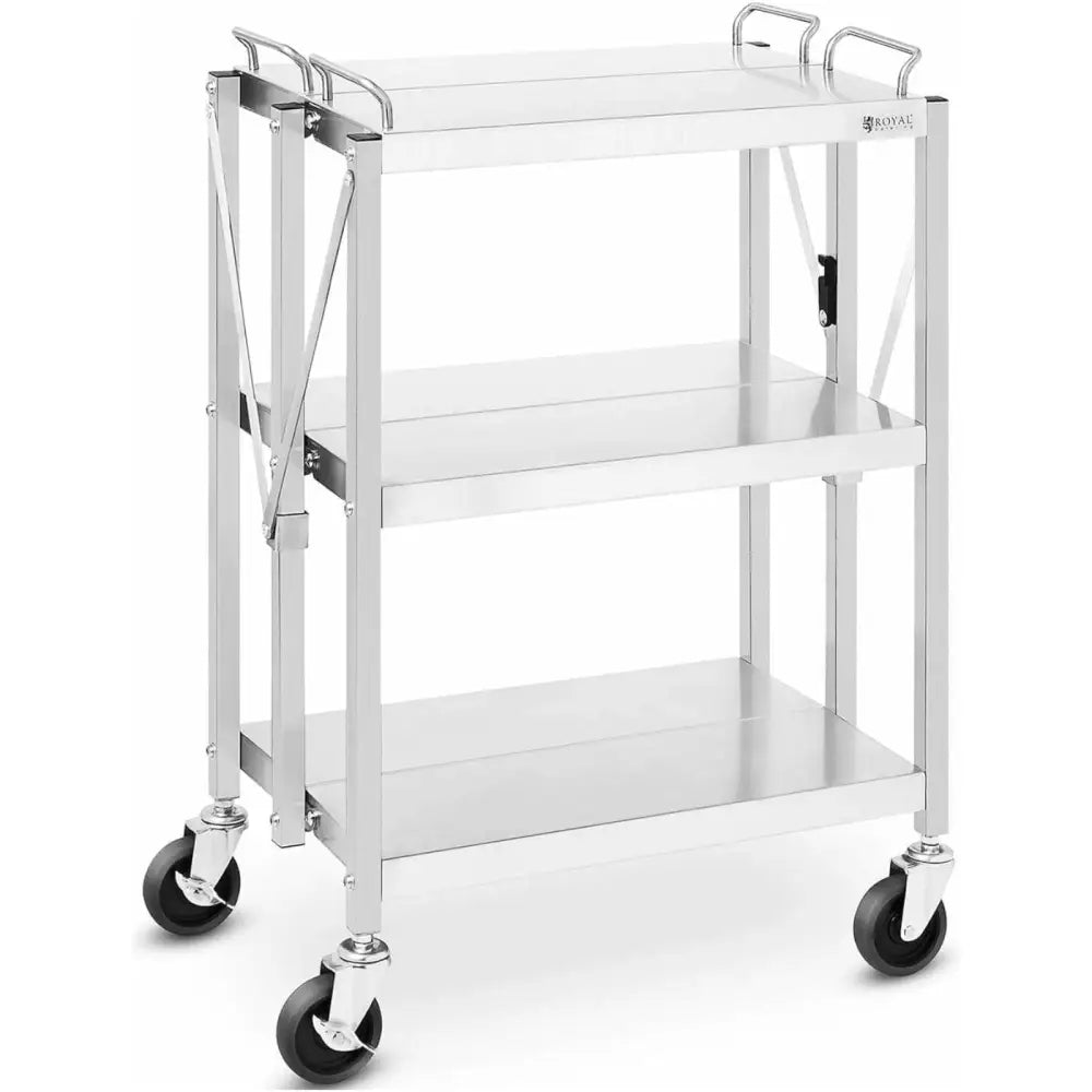 Serveringsvogn i rustfritt stål med tre hyller, sett fra skrå vinkel med synlige hjul og sammenleggbare armer.