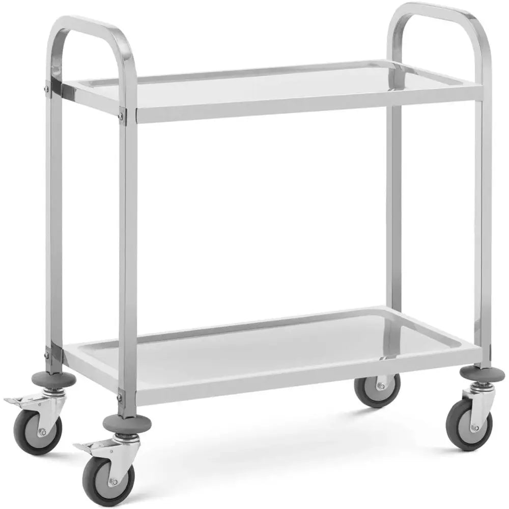 Serveringsvogn med to hyller i blankt metall, sett på skrå, med fire hjul og opphøyde håndtak.