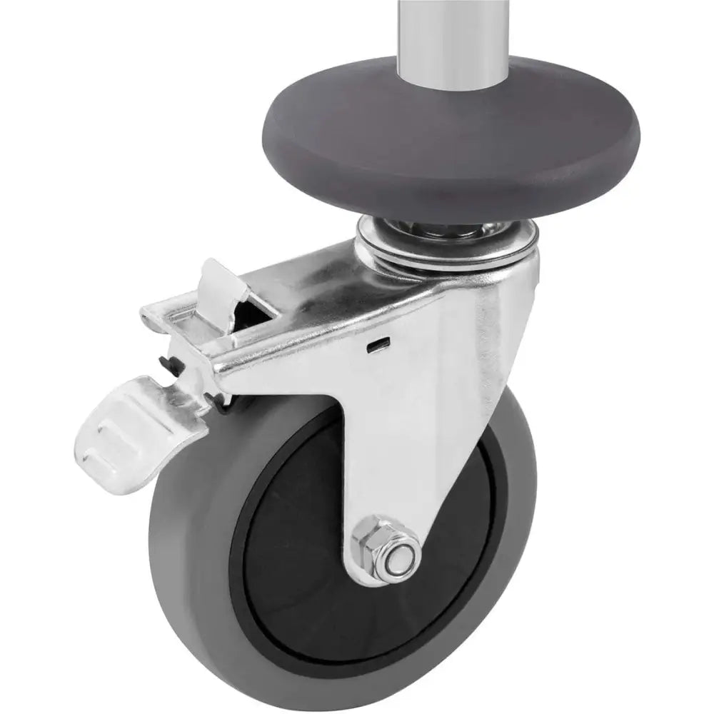 Serveringsvognhjul med metallfeste og lås, nærbilde av hjul festet til vognens metallramme.