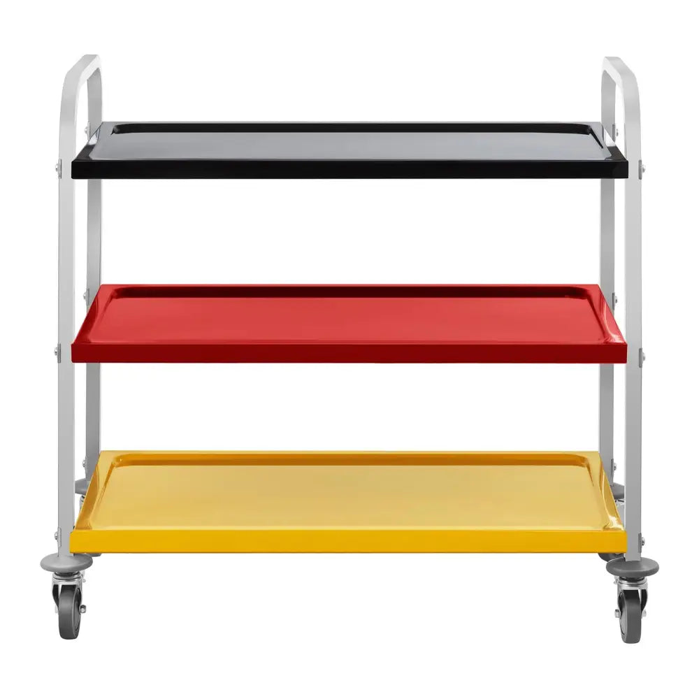 Serveringsvogn med tre hyller i svart, rød og gul, hvit ramme og hjul, frontvisning.