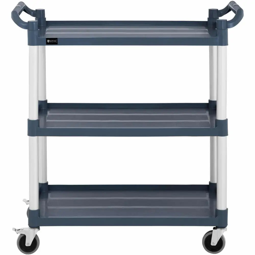 Serveringsvogn med tre grå plastikkhyller, sølvfargede stolper og håndtak, frontvisning med fire hjul.