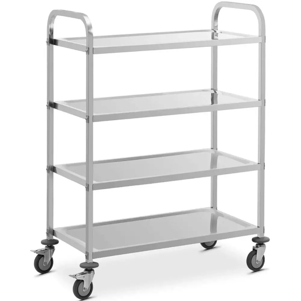 Serveringsvogn med fire hyller i blankt metall, sidevinkel som fremhever hjul med bremser og åpen ramme.