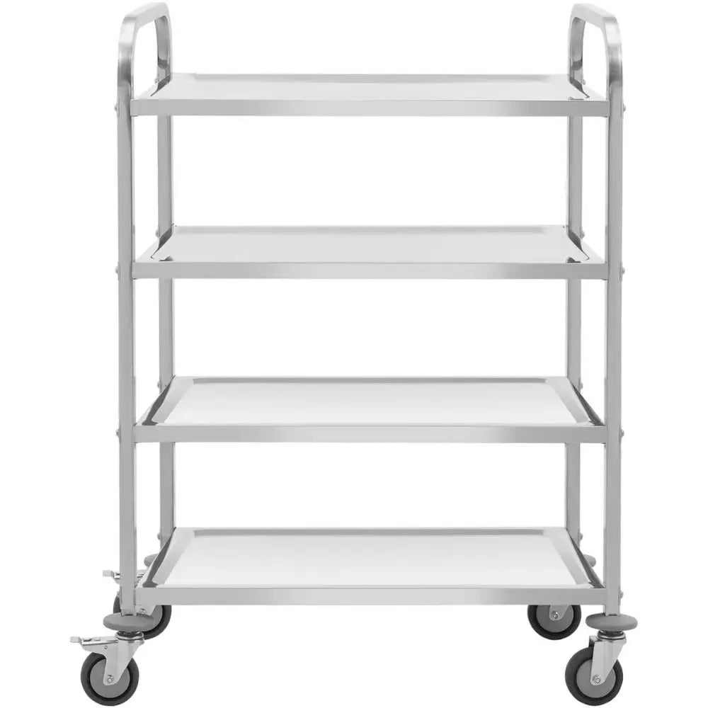 Serveringsvogn i rustfritt stål med fire hyller, sett forfra, synlige hjul og rette håndtak på sidene.