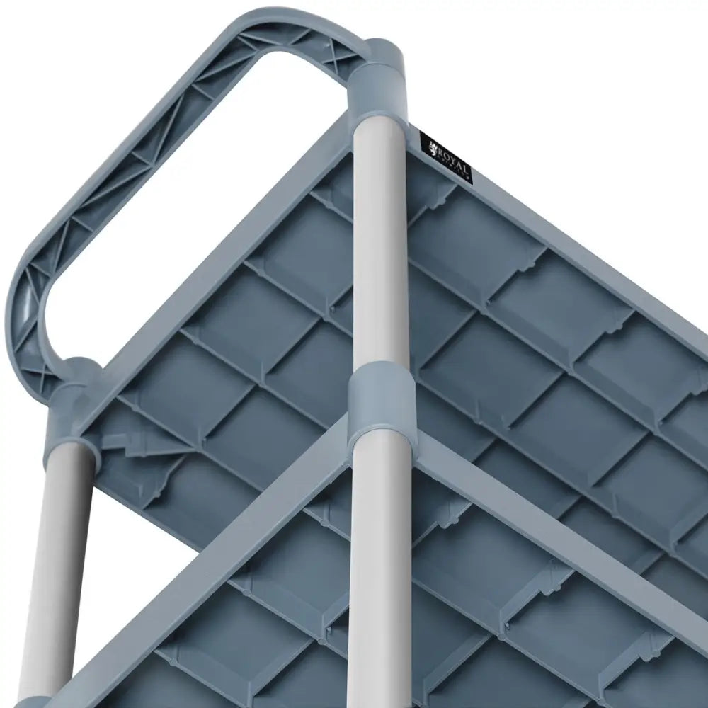 Serveringsvogn til catering, nærbilde fra undersiden som viser to grå hyller, håndtak og solide støttestolper.