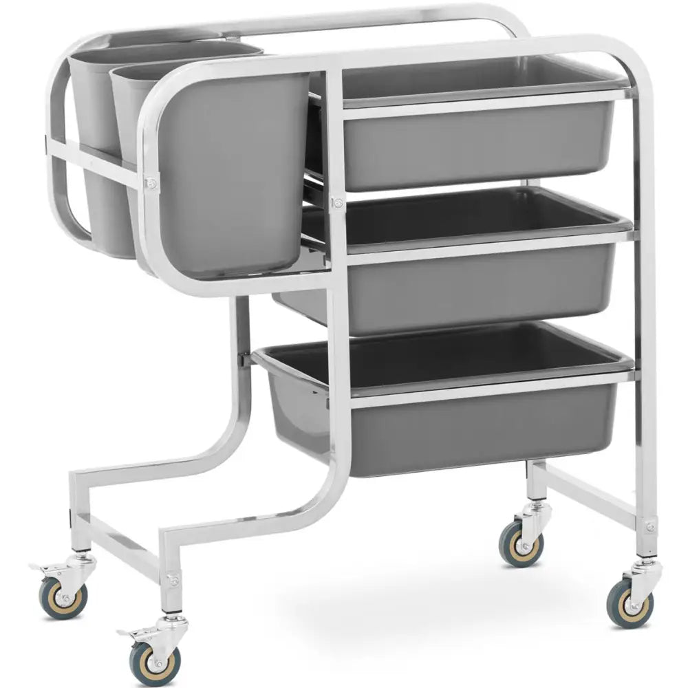 Serveringsvogn til rengjøring av skittent servise, sidevisning med tre grå brett, to bokser og fire hjul.