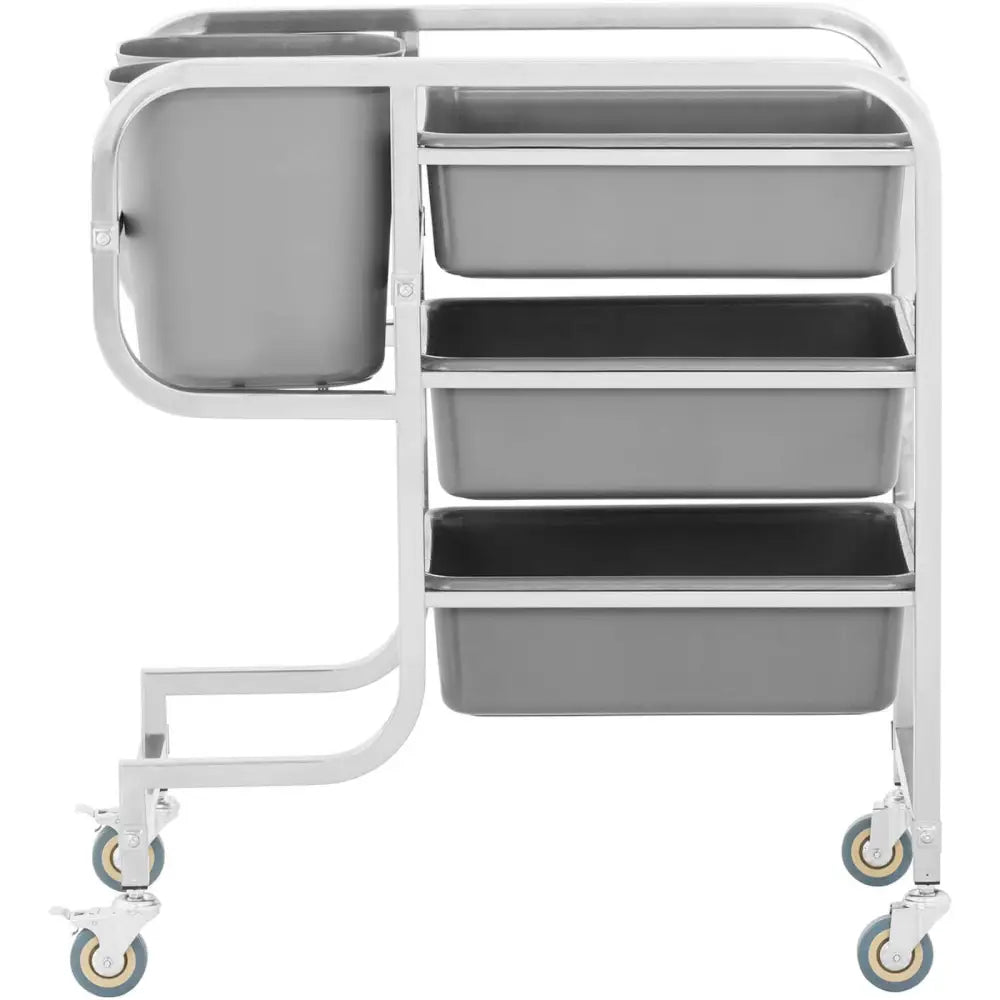 Serveringsvogn til rengjøring, sidevisning med tre plastkasser, bøtte, grå hjul og metallramme.