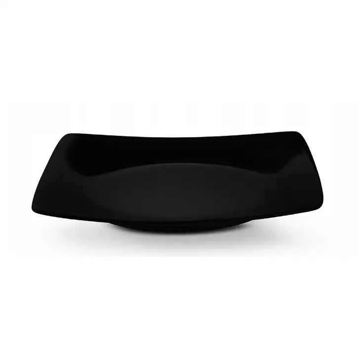 Sort firkantet Epiri-servisetallerken med avrundede hjørner og blank overflate, sett forfra.