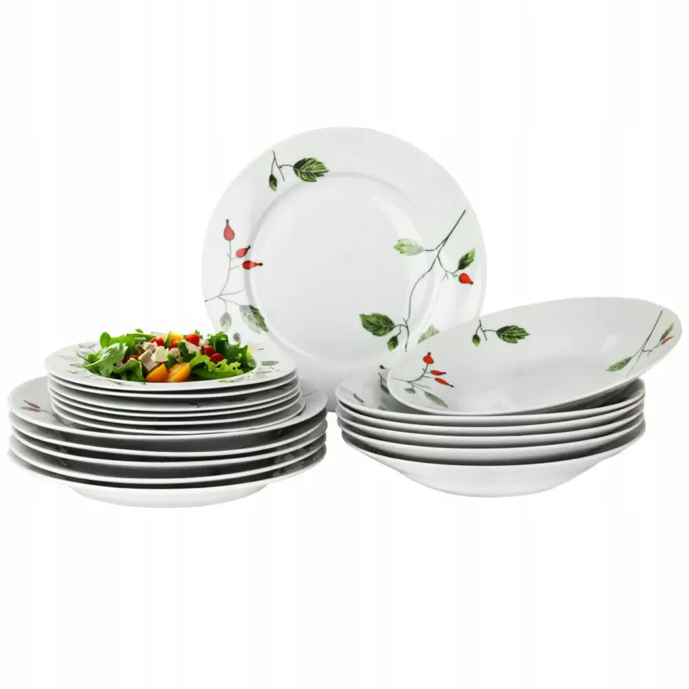 Servise middagsett for 6, hvitt porselen med grønt blad- og rødt bærmotiv, fat pyntet med frisk salat.