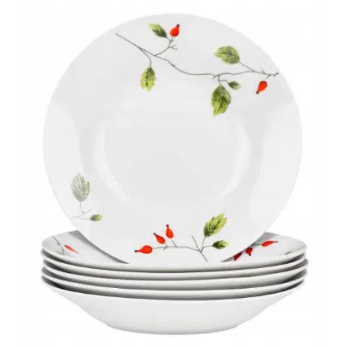 Servise middagsett, seks dype hvite tallerkener stablet med grønne blader og røde nyper i dekor mot midten.