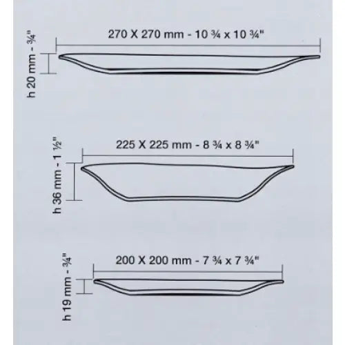 Bormioli Rocco Parma middagstallerkener, sideprofil med mål for tre ulike størrelser mot lys bakgrunn.