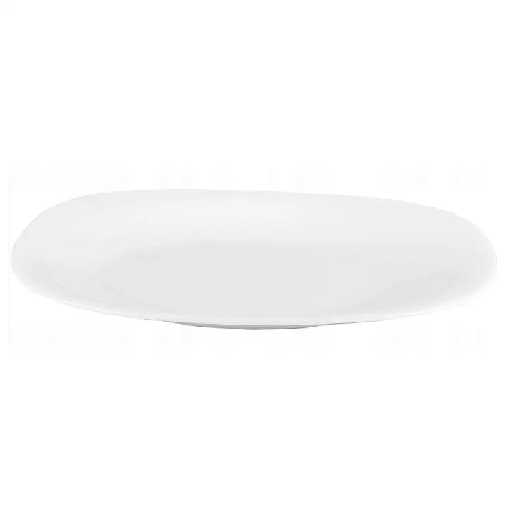 Oval porselenstallerken fra Bormioli Rocco Parma, sideprofil som viser lav kant og blank finish.