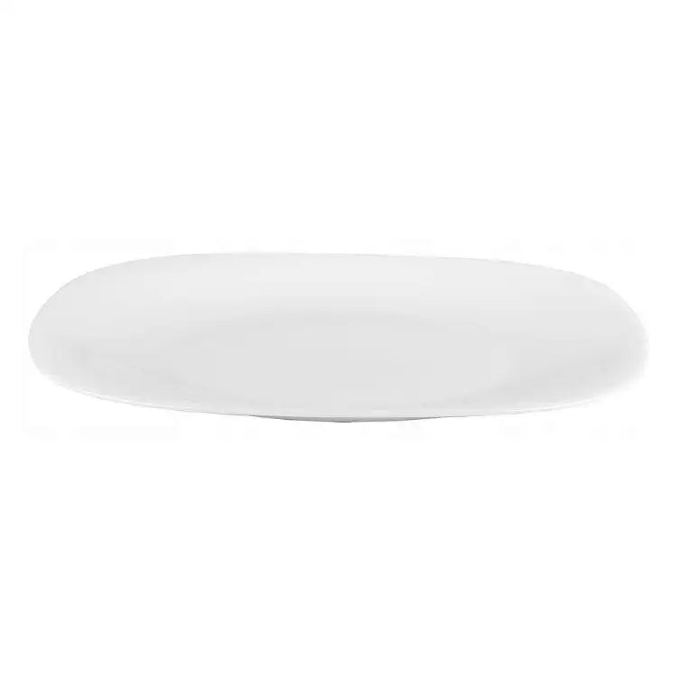 Oval tallerken fra Bormioli Rocco Parma, sideprofil som viser den flate formen og det enkle, hvite porselenet.