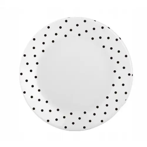 Hvit tallerken med sorte prikker langs kanten, sett ovenfra, minimalistisk og moderne design.