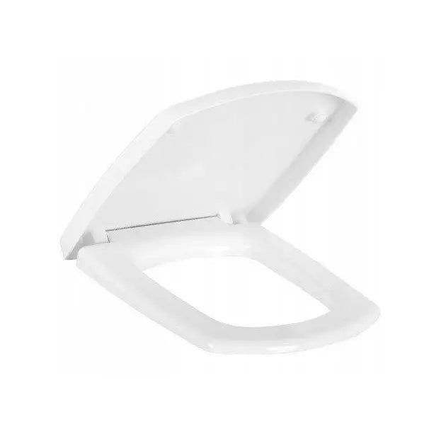 Sete til Cersanit Carina, hvitt plastlokk med metallhengsler, vist delvis åpent fra siden.