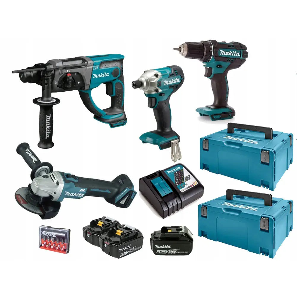 Sett med 18V elektriske verktøy i svart og turkis, komplett med batterier, lader og oppbevaringskofferter.