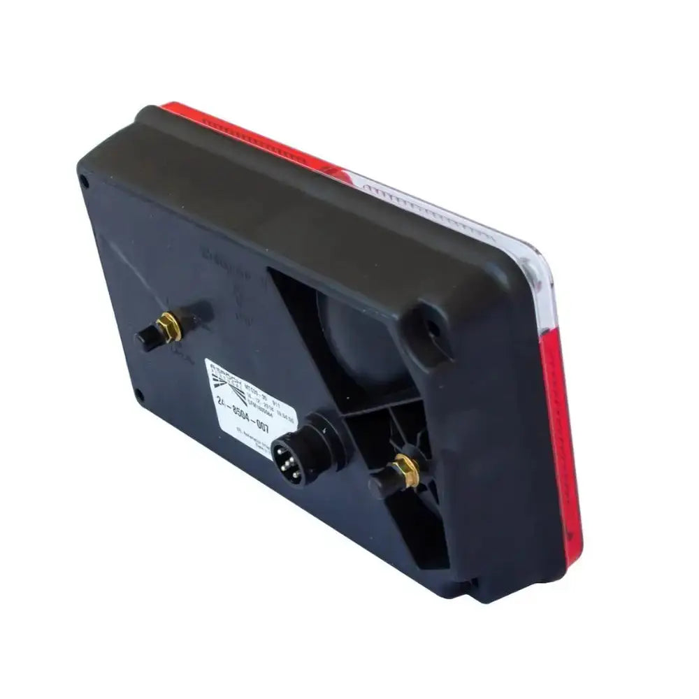 Aspöck Multipoint V LED-baklys, skrå bakside med synlige koblingspunkter og glimt av rød og klar plastfront.