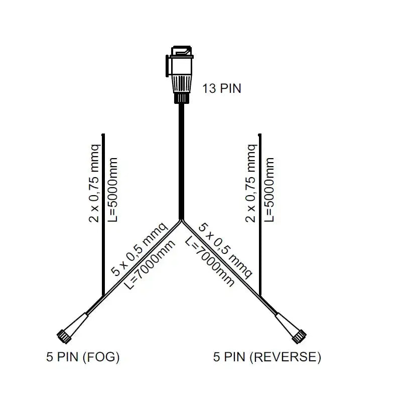 Baklys tilhenger 13-pins, teknisk tegning med mål og spesifikasjoner for 13-pins og to 5-pins kontakter.
