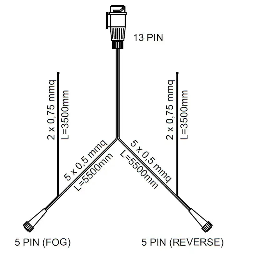 Y-formet tilhengerkabel med 13-pins kontakt og to 5-pins kontakter, teknisk tegning med mål.