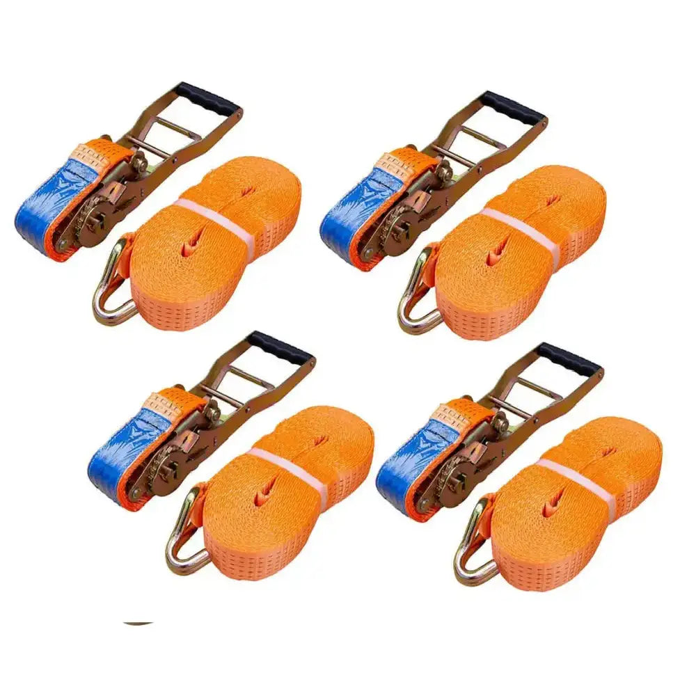 Fire oransje ERGO 6M transportbelter med blå detaljer, metallspenner og krok, sett fra skrå vinkel.