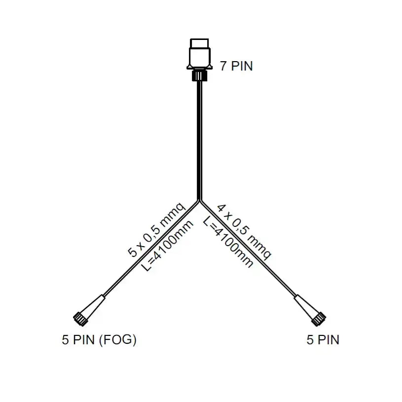 Fristom FT-270 LED-baklys, teknisk tegning av Y-formet 7-pins kabel med mål og spesifikasjoner.