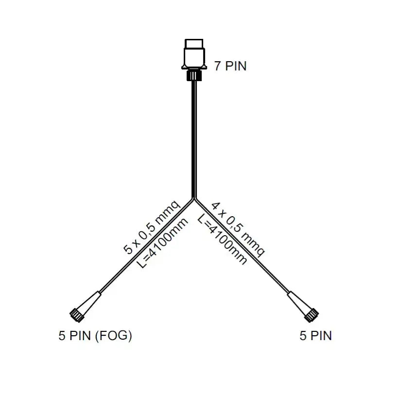 Kombinasjonslykter bak DPT 35, teknisk tegning av Y-kabel med 7-pin og to 5-pin kontakter, mål og lederspesifikasjoner.