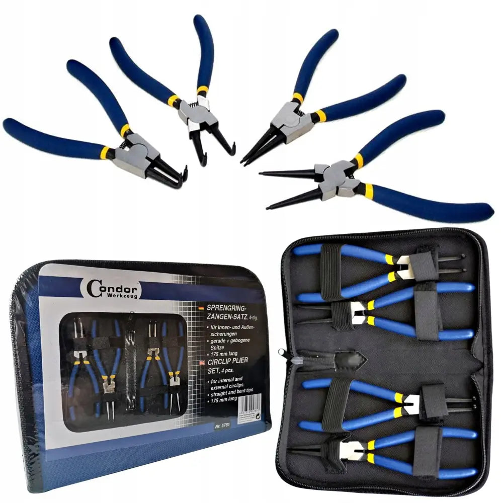 Sett med fire blå sikringsringstenger fra Condor i sort etui med glidelås og individuelle rom.