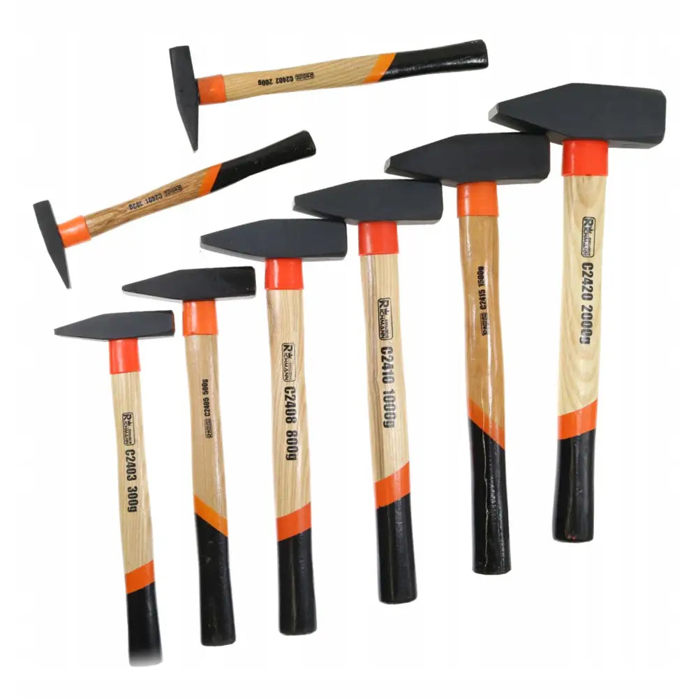 Sett Komplett 8 smedhammere, sidevisning av ulike størrelser med treskaft og svarte metallhoder.