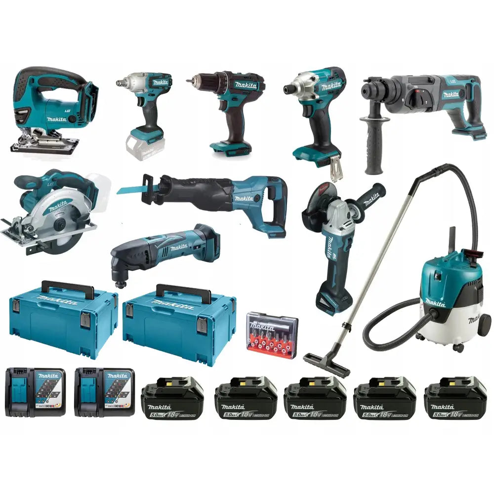 Sett med 10 elektriske verktøy 18V, frontvisning med batterier, kofferter og støvsuger på hvit bakgrunn.