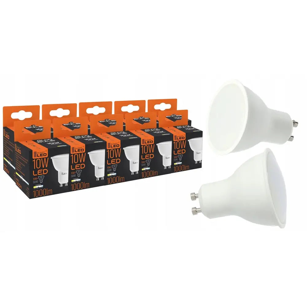 Sett med 10 LED-pærer GU10 10W, sidevisning av pærene og to synlige utenfor oransje og svarte esker.