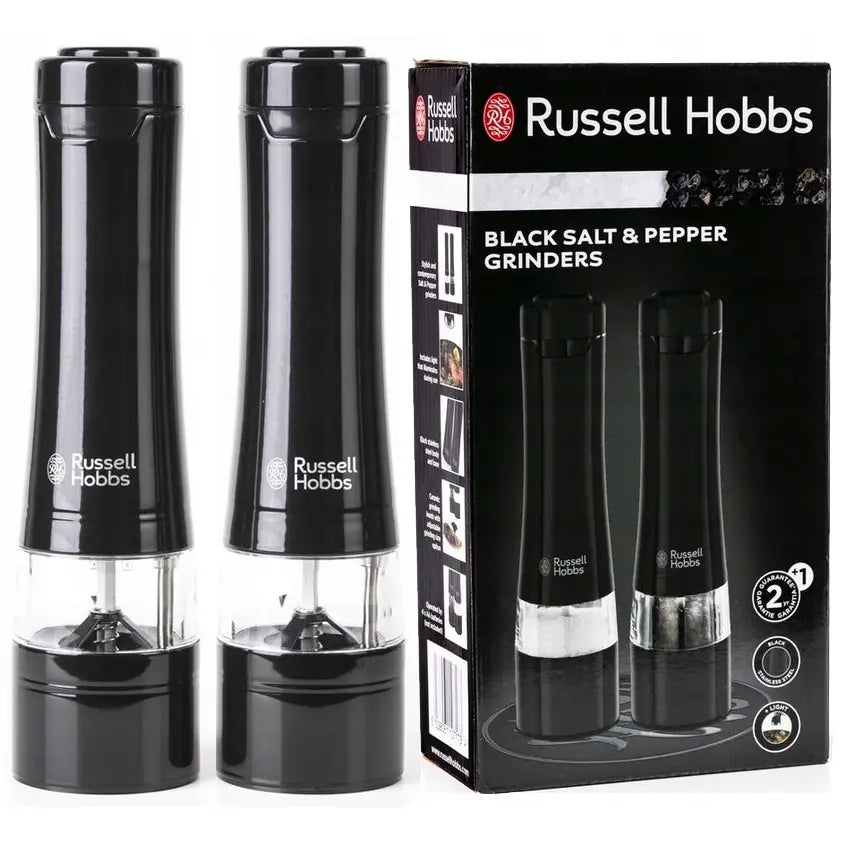 Sett med to svarte elektriske pepper- og saltkverner, side om side foran original emballasje.