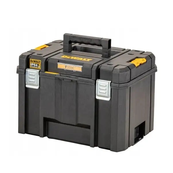 Sett med 3 Dewalt Tstak-kasser, skråvisning som fremhever gult håndtak, sølvfargede låser og robuste hjul.