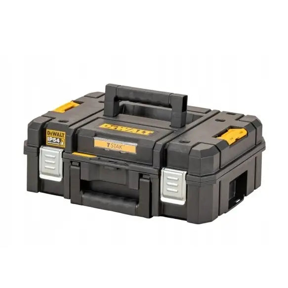 Sett med 3 Tstak-kasser fra Dewalt, skrå forfra, viser låser, hjul og tydelig Dewalt-logo på etikettene.