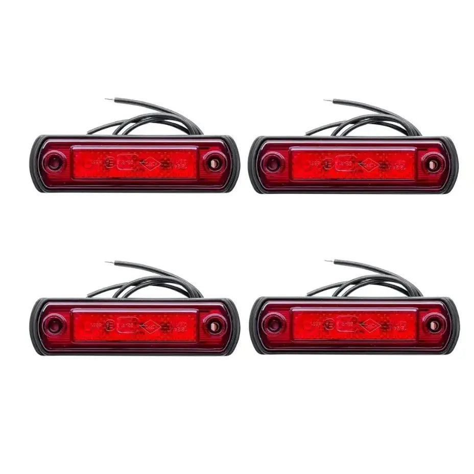 Sett med fire røde LED klaringslamper på svart Horpol gummibase, frontvisning med synlige ledninger.