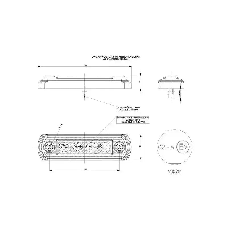 Teknisk tegning av rød LED klaringslampe på Horpol gummibase med mål, sertifiseringsmerker og detaljer.